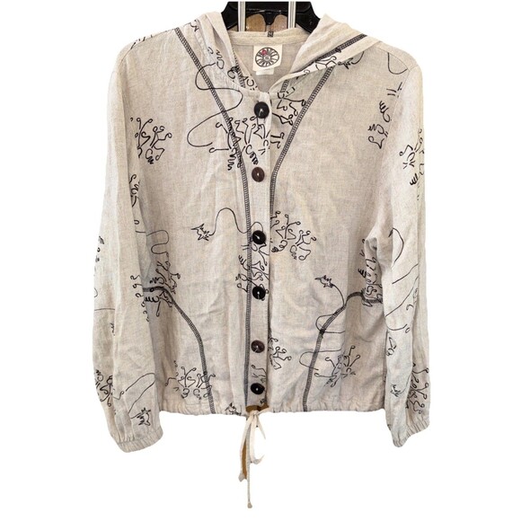 Produce Company Jackets & Blazers - Produce Company Women Hooded Jacket People Dog Doodle Print Ivory L Button